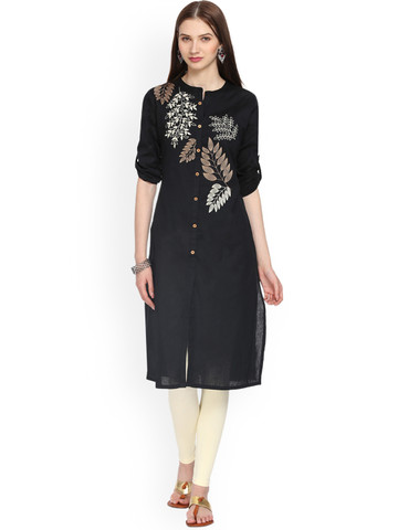 Alena Women Black Embroidered Straight Kurta