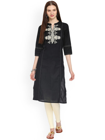 Alena Women Black Embroidered Linen Straight Kurta
