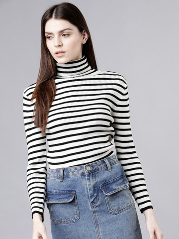 Tokyo Talkies Women White & Black Striped Sweater