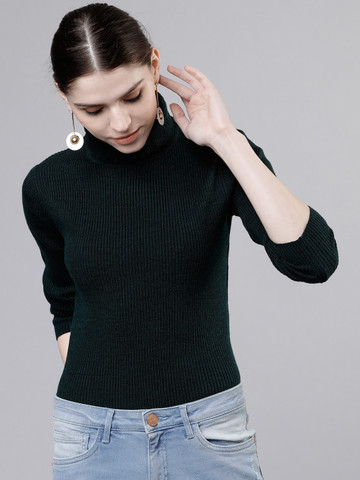 Tokyo Talkies Women Teal Green Ribbed Pullover
