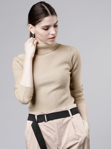 Tokyo Talkies Women Beige Ribbed Pullover