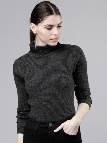 Tokyo Talkies Women Charcoal Grey Ribbed Pullover