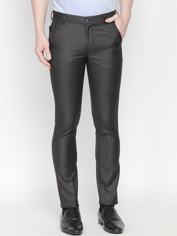 Solemio Men Brown & Grey Regular Fit Striped Formal Trousers