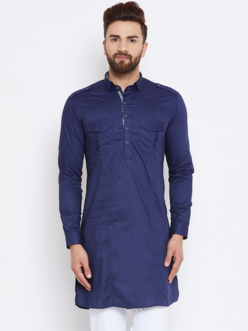 See Designs Men Navy Blue Solid Straight Kurta