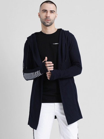 Tinted Men Navy Blue Solid Open Front Jacket