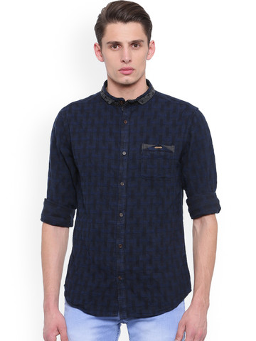 WITH Men Navy Blue Slim Fit Checked Casual Shirt