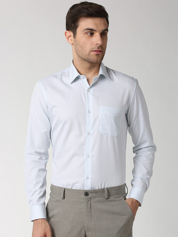 Peter England Elite Men White & Blue Slim Fit Striped Formal Shirt