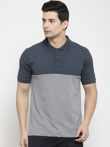 Kalt Men Navy Blue & Grey Colourblocked Polo Collar T-shirt