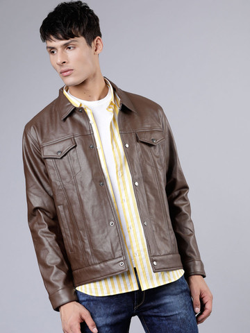 HIGHLANDER Men Brown Solid Leather Jacket