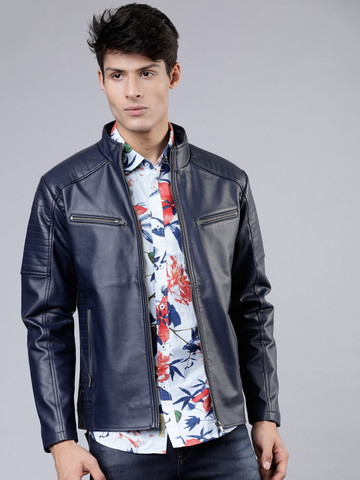 HIGHLANDER Men Navy Blue Solid Biker Jacket