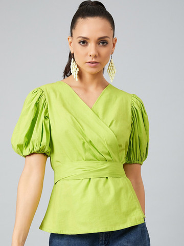 Athena Women Lime Green Solid Wrap Top