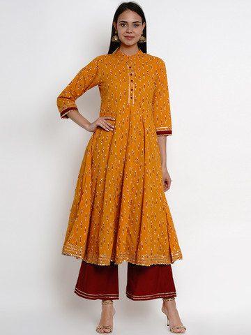 Bhama Couture Women Mustard & Maroon Printed Kurti with Palazzos