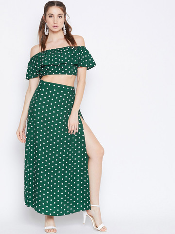 Berrylush Women Green & White Printed Two-Piece Dress