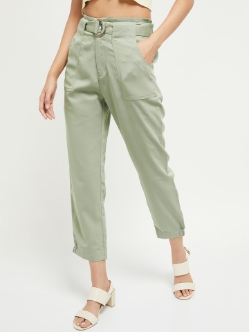 Women Olive Green Urban Loose Fit Solid Peg Trousers With Belt  theaayna