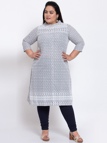 plusS Plus size Women Grey & White Ethnic Motifs Embroidered Kurta plusS Plus size Women Grey & White Ethnic Motifs Embroidered Kurta