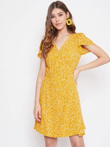Berrylush Yellow Floral Crepe Ditsy Floral Printed Wrap Dress