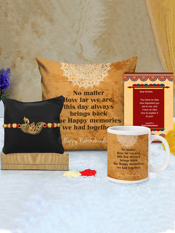 TIED RIBBONS Red & Beige 4-Pieces Rakhi Gift Set