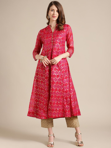 Varanga Women Pink & Gold-Toned Ethnic Motifs Printed Anarkali Kurta