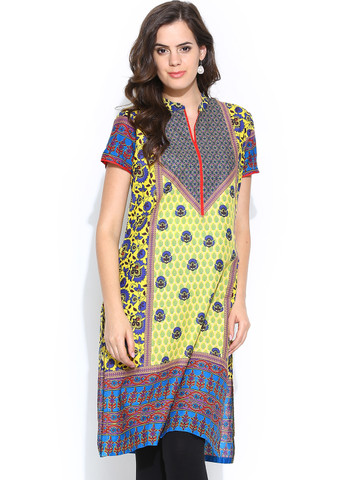 BIBA OUTLET Women Yellow & Blue Printed Straight Kurta BIBA OUTLET Women Yellow & Blue Printed Straight Kurta