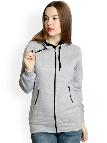 Belle Fille Women Grey Melange Solid Hooded Sweatshirt