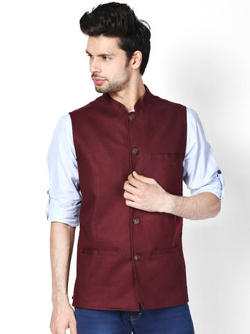 even Men Burgundy Slim Fit Linen Nehru Jacket