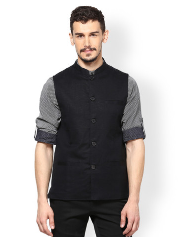 even Men Black Slim Fit Nehru Jacket