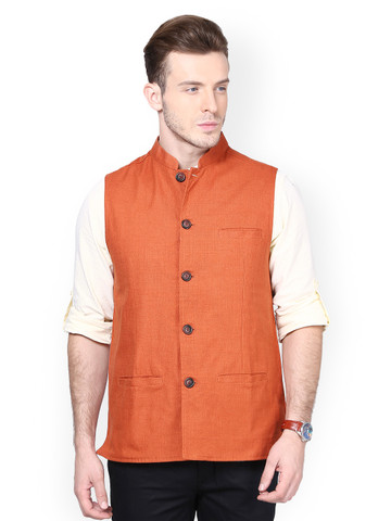 even Men Rust Orange Slim Fit Nehru Jacket
