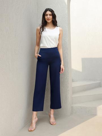FableStreet Women Navy Blue Flared Solid Parallel Trousers