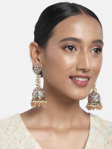 Zaveri Pearls Gold-Plated & Peach-Coloured Antique Kundan Studded Dome Shaped Jhumkas