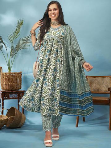 Anouk Rustic Floral Printed V-Neck Regular Viscose Rayon Kurta with Trousers With Dupatta