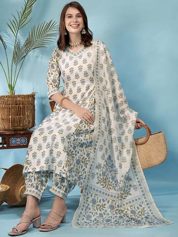 Anouk Rustic Floral Printed Regular Straight Kurta with Trousers & Dupatta
