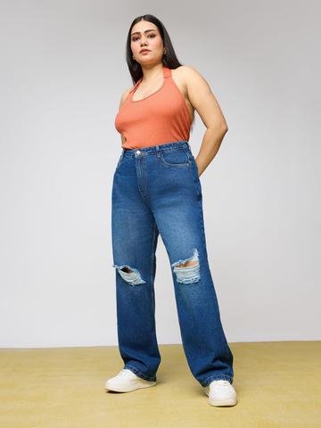FREAKINS Women Wide Leg High-Rise Highly Distressed Light Fade Jeans