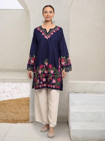 HOUSE OF KARI Falak Kashmiri Embroidered Flared Sleeves Thread Work Cotton Straight Kurta