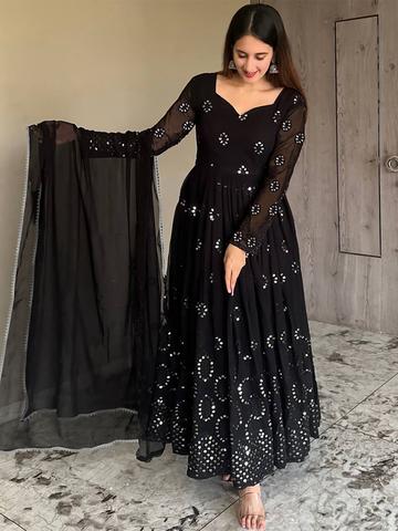 Kedar Fab Embroidered Sweetheart Neck Mirror Work Georgette Anarkali Kurta & Dupatta