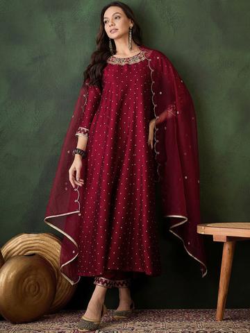 Sangria Geometric Printed Zari & Sequinned A-Line Kurta & Palazzo With Dupatta