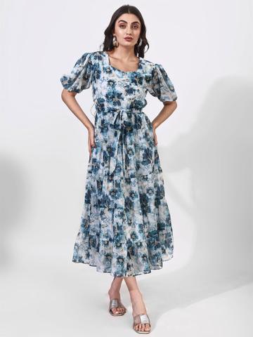 Fbella Women Floral Printed Puff Sleeve Fit & Flare Midi Dress