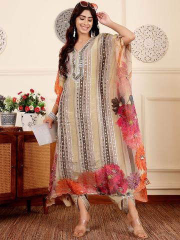 Varanga Women Floral Embroidered Regular Mirror Work Pure Silk Kurta with Dhoti Pants