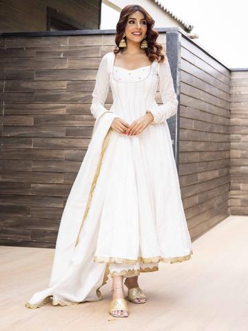 LABEL ADITI HUNDIA Floral Embroided Chanderi Cotton Anarkali Kurta with Palazzos & Dupatta