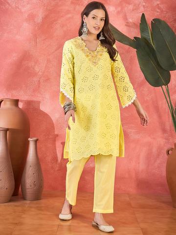 Sangria Schiffli Embroidered Pure Cotton Kurta With Trousers