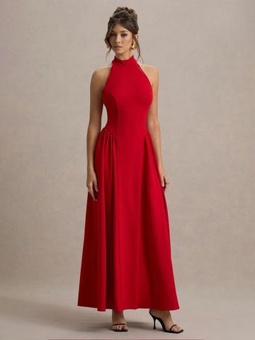 TRAQUILA Women Halter Neck Fit & Flare Maxi Dress