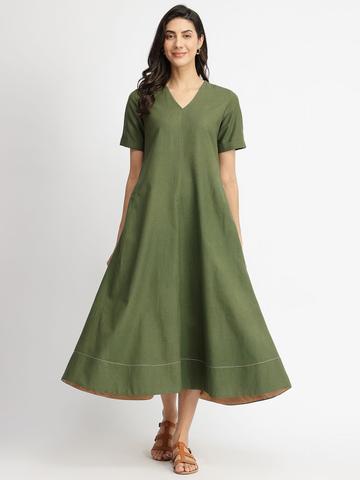 Pink Fort Olive Linen Blend Solid A-Line Dress
