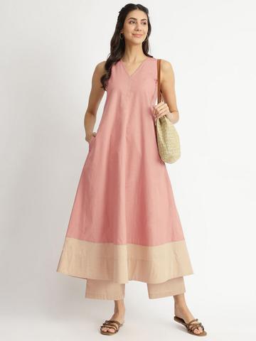 Pink Fort Colourblocked V-Neck Cotton Linen Kurta With Trousers