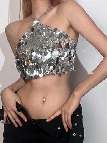 StyleCast x Revolte Embellished Tie-Up Neck Styled Back Crop Top