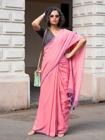 Suta Dust Pink Solid pure mul cotton Saree