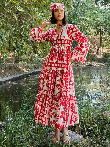 Pink Paprika by SASSAFRAS Floral Print Flared Sleeve Maxi Dress