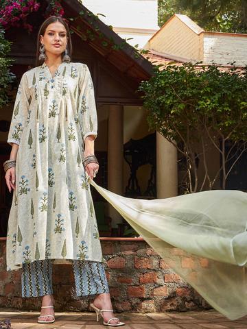 Shae by SASSAFRAS Floral Printed V-Neck Empire Pure Cotton Kurta With Trousers & Dupatta