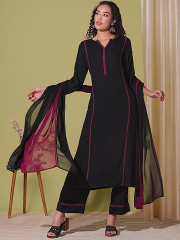 DIVASTRI Notch Neck Straight Kurta With Palazzos & Dupatta