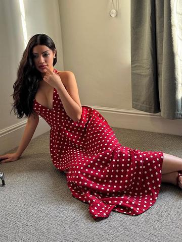 StyleCast x Revolte Polka Dot Printed Halter Neck Fit & Flare Midi Dress