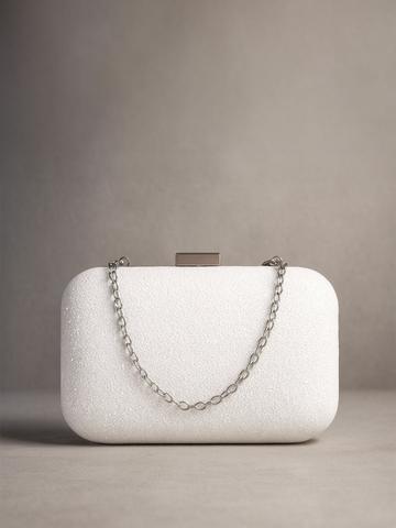 Lino Perros White Glitter Box Clutch with Detachable Sling Strap