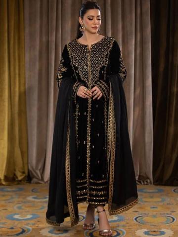 WAZIX Clothing Ethnic Motifs Embroidered Velvet Kurta With Trousers & Dupatta